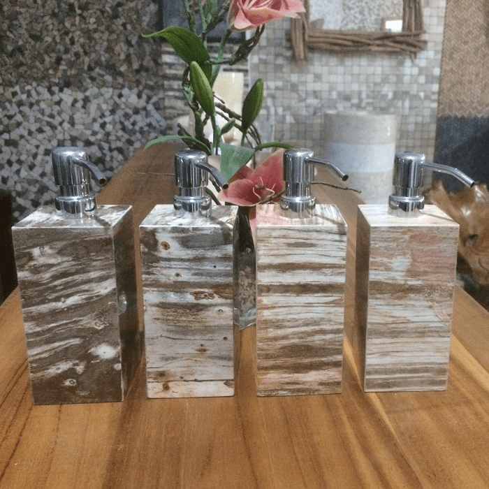 Soap dispenser made of petrified wood with polished surface Soap dispenser made of petrified wood with polished surface